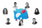 An illustration of a slide design surrounded by 7 design profile head shots